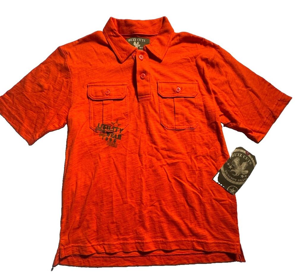 Buzz Cuts Boys Polo Shirt Size 7 Orange Utility Short Sleeve NWT